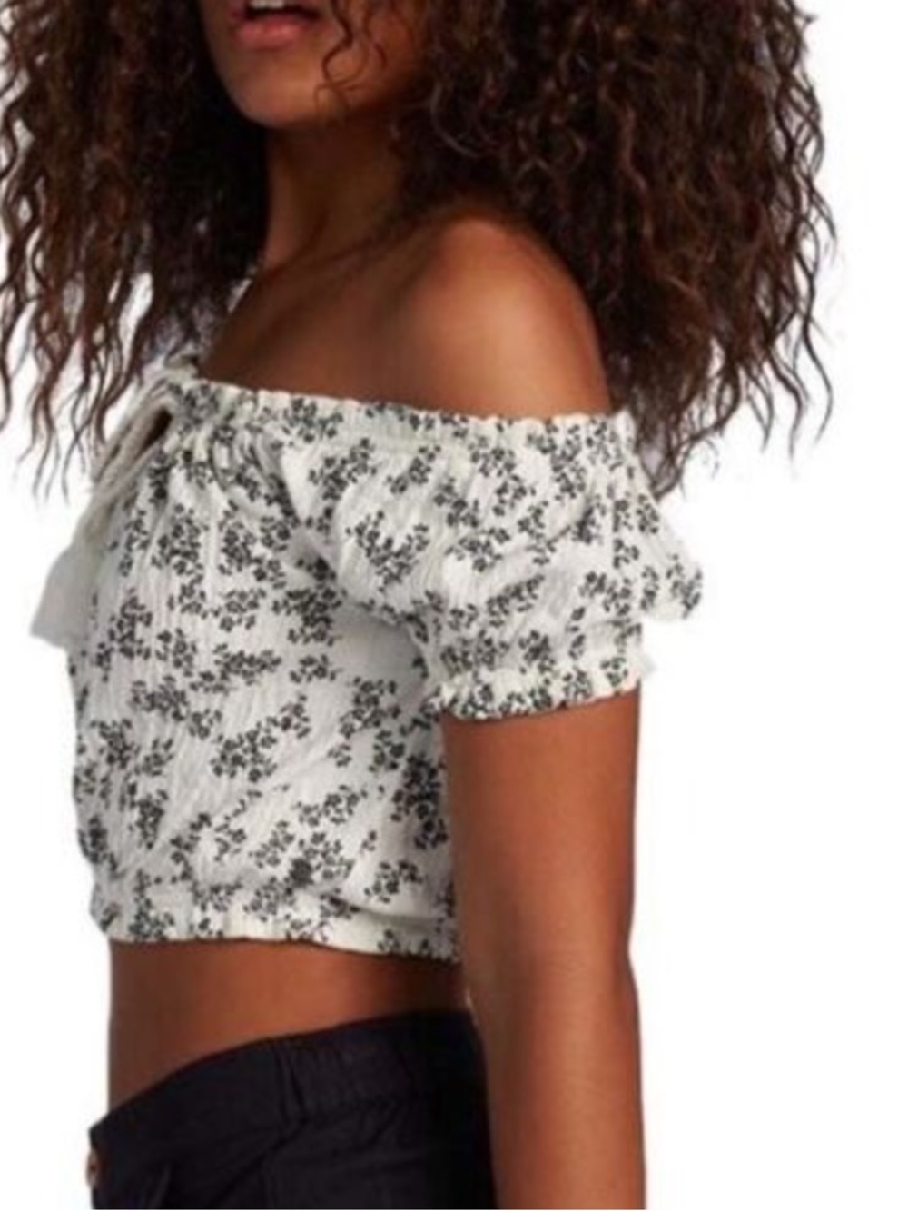 Roxy With The Sun Festival Off The Shoulder Cotton Crop Top White & Black Floral